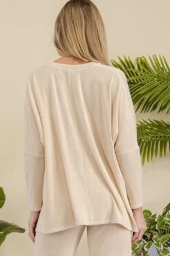 Women's Texture V-neck Long Sleeves Top -Selected Women's Clothing Store TP2526 BEI 3