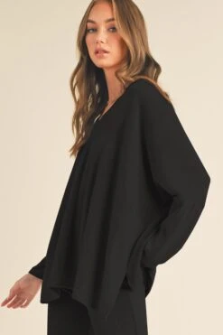 Women's Texture V-neck Long Sleeves Top -Selected Women's Clothing Store TP2526 BLK