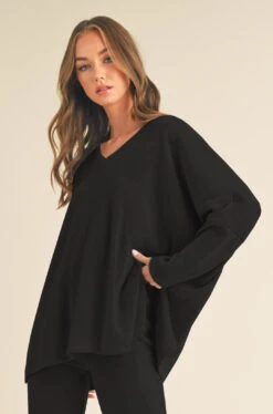 Women's Texture V-neck Long Sleeves Top -Selected Women's Clothing Store TP2526 BLK 827SR018 BLK 1
