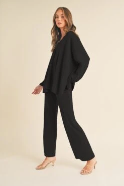 Women's Textured Oversize Top And Wide Leg Pants Set -Selected Women's Clothing Store TP2526 BLK 827SR018 BLK 2