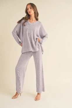 Women's Textured Oversize Top And Wide Leg Pants Set -Selected Women's Clothing Store TP2526 LAV 827SR018 LAV 18 e7bab3e3 795f 4abb 9ac4 a3d87975b828