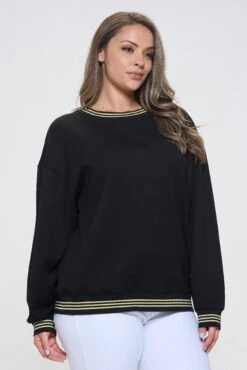 Plus Size Women’s Crewneck Scuba Sweatshirt With Striped Trim -Selected Women's Clothing Store TP2550P XL BLK 2