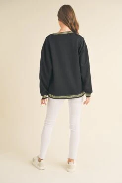 Women’s Crewneck Scuba Sweatshirt With Striped Trim -Selected Women's Clothing Store TP2550 BLK 1