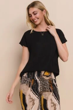 Linen Short Sleeve Top -Selected Women's Clothing Store TP2568 BLK