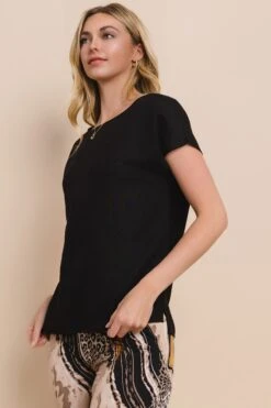 Linen Short Sleeve Top -Selected Women's Clothing Store TP2568 BLK 2