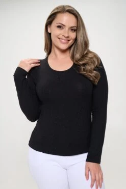 Women's Plus Size Essential Ribbed Long Sleeves Top -Selected Women's Clothing Store TP2570P BLK 4