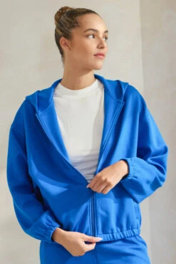 Plus Size Women's Cropped Scuba Zip-Up Jacket With Hood -Selected Women's Clothing Store TP2626 BLU 1