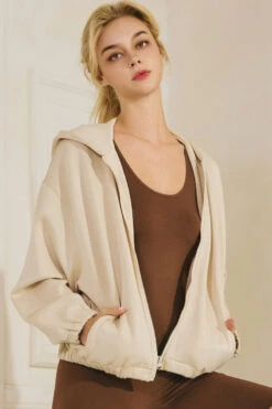 Women's Cropped Scuba Zip-Up Jacket With Hood -Selected Women's Clothing Store TP2626 OAT