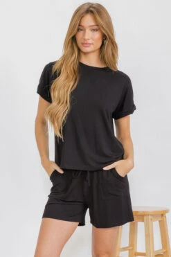 Women’s Sleek Lounge French Terry Tee And Shorts Set -Selected Women's Clothing Store TP2681 BLK II