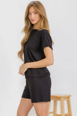 Women’s Sleek Lounge French Terry Tee And Shorts Set -Selected Women's Clothing Store TP2681 BLK II2