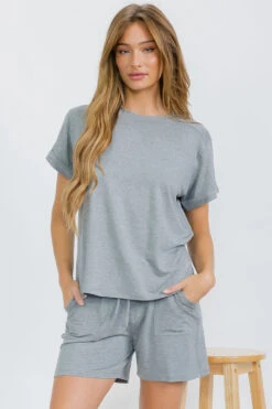 Women’s Sleek Lounge French Terry Tee And Shorts Set -Selected Women's Clothing Store TP2681 HGY II