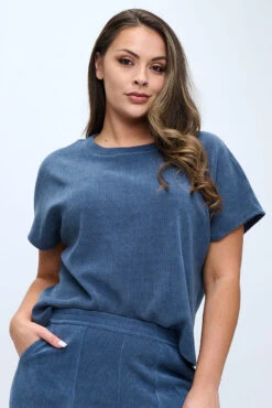 Plus Size Textured Lounge Short Sleeve Corduroy Top -Selected Women's Clothing Store TP2694P DEM 817CD001P DEM 1 I