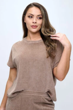 Plus Size Textured Lounge Short Sleeve Corduroy Top -Selected Women's Clothing Store TP2694P KHA 817CD001P KHA 1 I