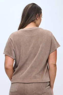 Plus Size Textured Lounge Short Sleeve Corduroy Top -Selected Women's Clothing Store TP2694P KHA 817CD001P KHA 6 I