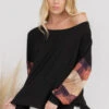 Knit Printed Boatneck Long Sleeve Top -Selected Women's Clothing Store TPPT004 BLK1