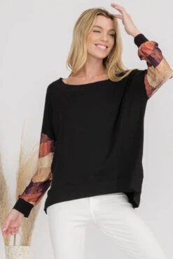 Knit Printed Boatneck Long Sleeve Top -Selected Women's Clothing Store TPPT004 BLK2