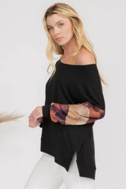 Knit Printed Boatneck Long Sleeve Top -Selected Women's Clothing Store TPPT004 BLK3