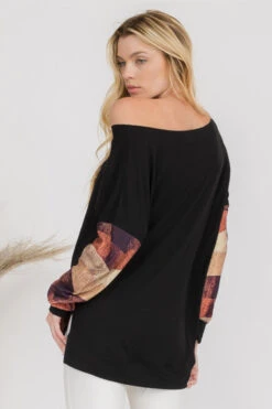 Knit Printed Boatneck Long Sleeve Top -Selected Women's Clothing Store TPPT004 BLK4