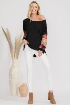 Knit Printed Boatneck Long Sleeve Top -Selected Women's Clothing Store TPPT004 BLK6