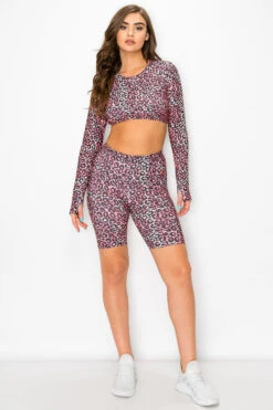 Wild Leopard Print Crop Top And Biker Shorts Set
